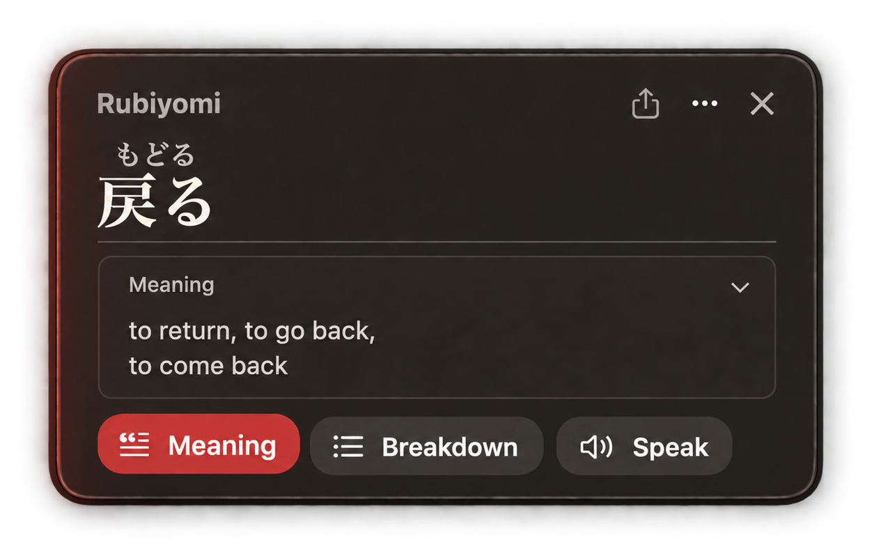 Illustration of the same window with Meaning opened: a definition reading “to return, to go back, to come back” appears under the Japanese, with the Meaning button highlighted.