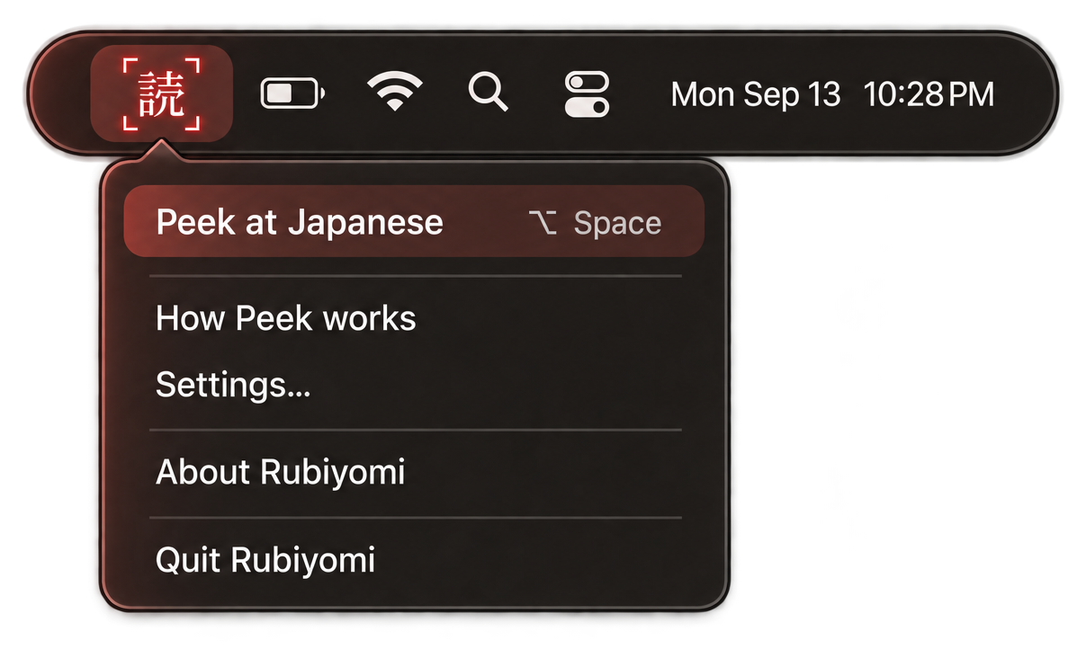 Illustration of the macOS menu bar with the Rubiyomi 読 icon and its open menu: Peek at Japanese (Option-Space), How Peek works, Settings, About Rubiyomi, Quit Rubiyomi.
